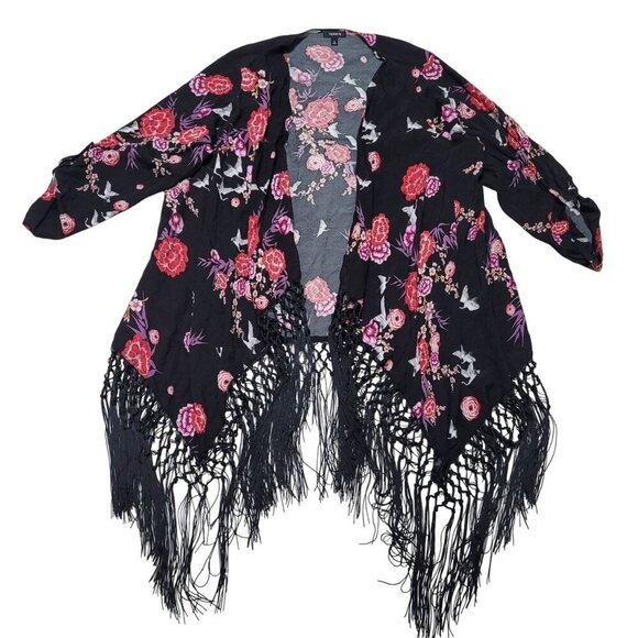 Torrid‎ Floral Fringe Trim Kimono Womens Size 3 Black Pink Rayon Boho Bloomcore - Picture 1 of 8